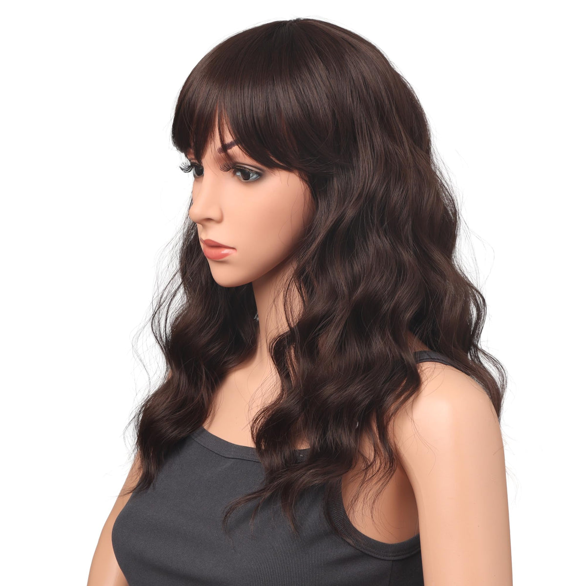 18 Inch Wavy Wig with Bangs – Black With Brown Highlights Heat Resistant Synthetic Hair, Soft Silky & Natural Looking for Women