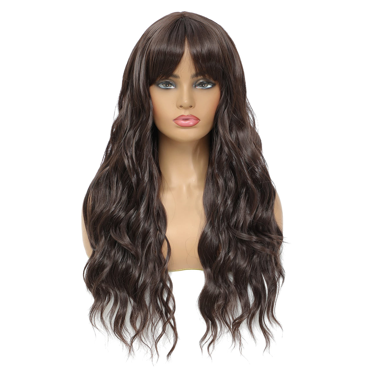 SWACC Long Curly Wavy Wig with Bangs Synthetic Hair Wig for Women with Wig Cap (Pink Ombre)
