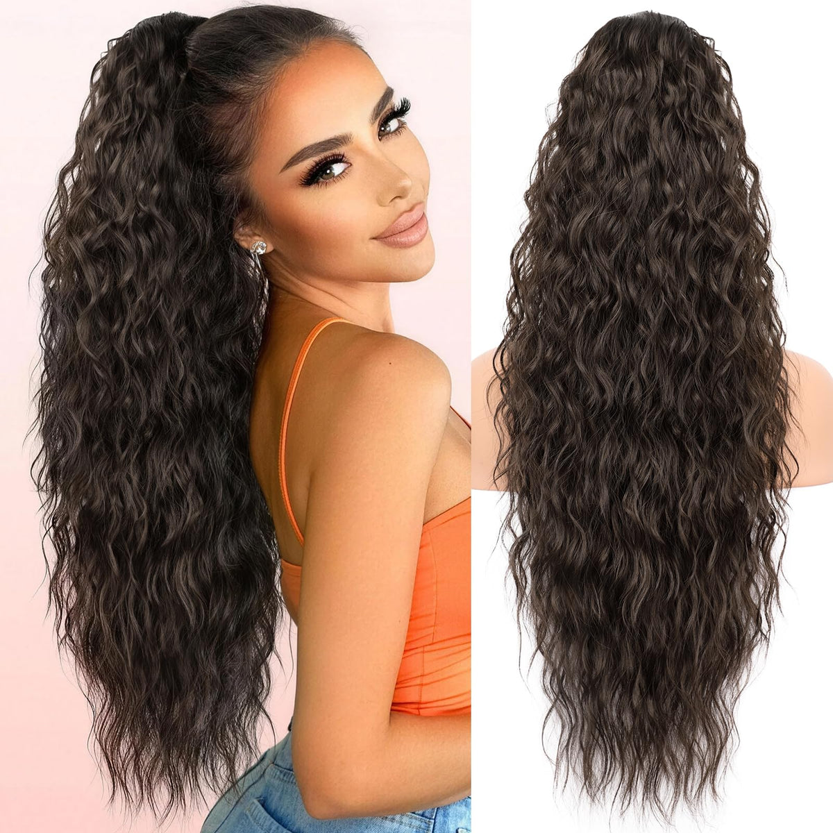 KooKaStyle Long Medium Brown Curly Synthetic Drawstring Ponytail Extension