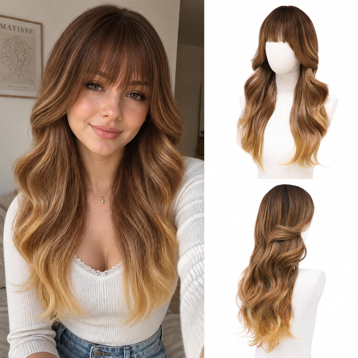 Rooted Honey Wig with Bangs for Women 24 Inch Long Wavy Synthetic Hair