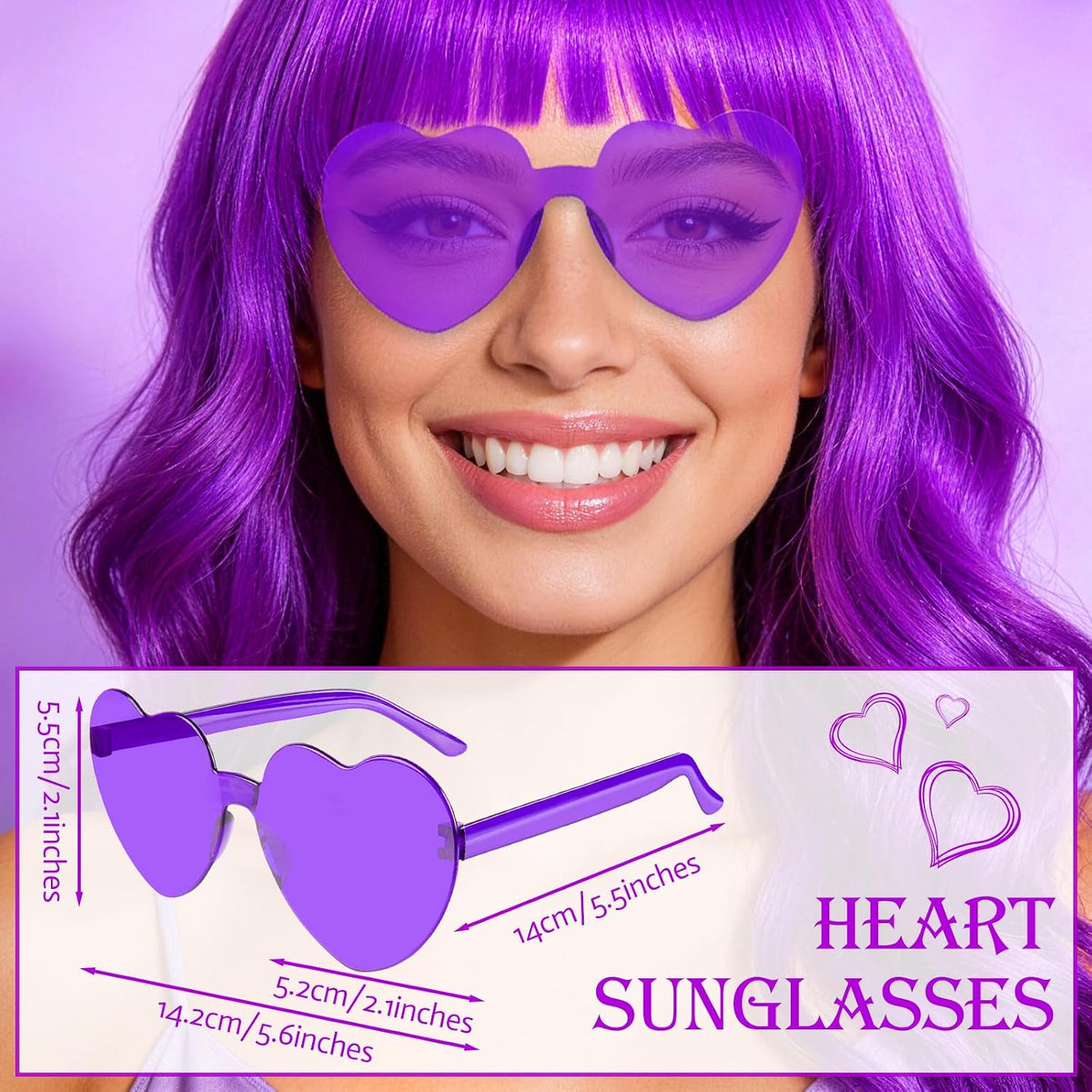 Purple Wig for Women Long Wavy Hair with Heart Sunglasses, Colorful Curly Wigs with Bangs for Birthday Nightclubs Music Festival Photography Funny Bachelorette Mardi Gras Party Supplies