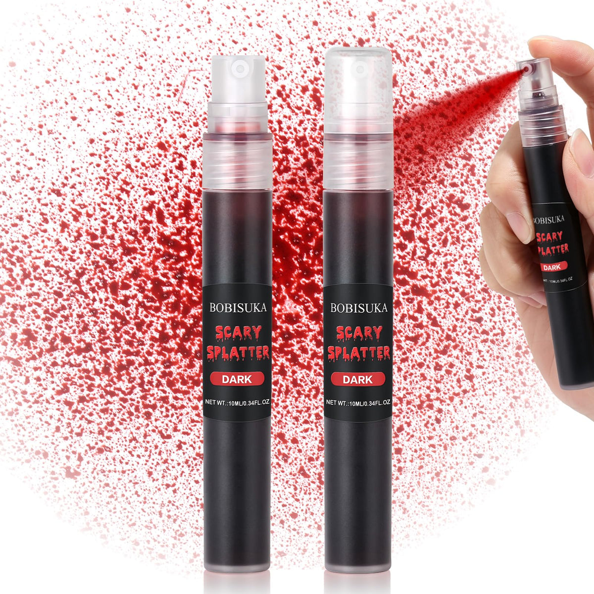 BOBISUKA Dark Fake Blood Spray– Splatter SFX Makeup Kit for Halloween, Cosplay, Zombie, Vampire, Clown, Scary Wounds, Easy Washable Formula – 0.34 fl.oz