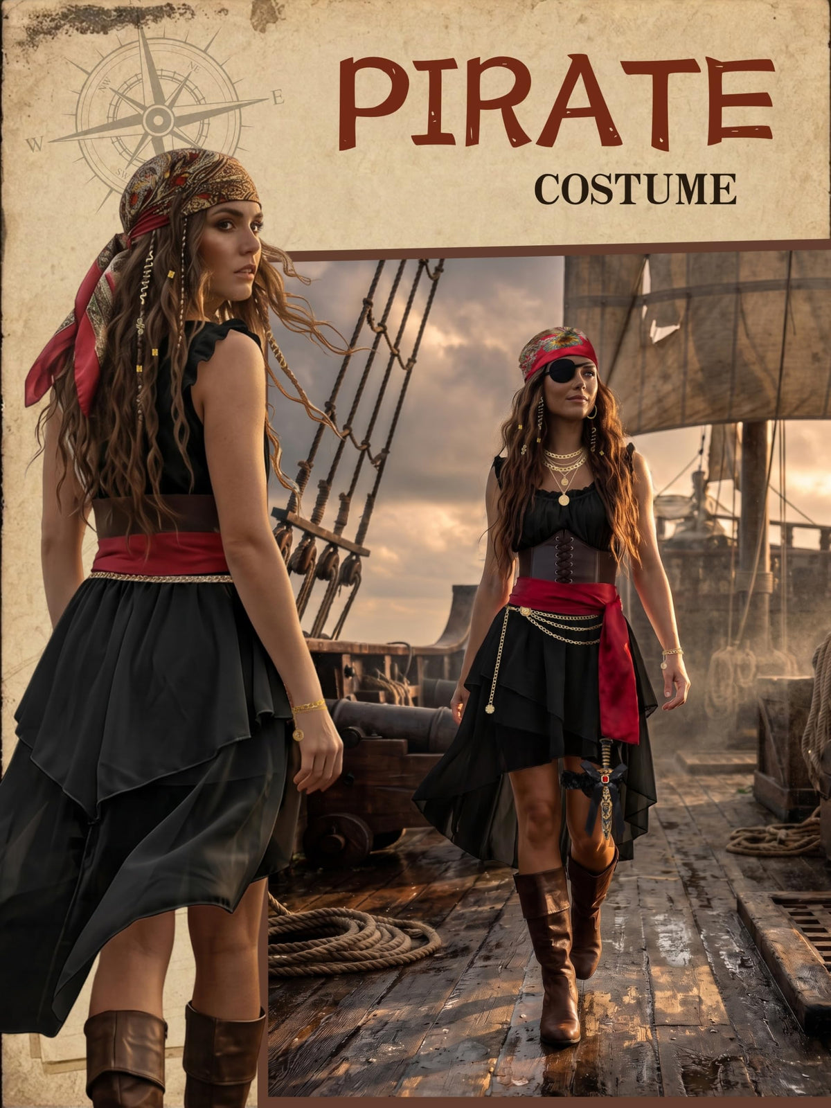 Women's Pirate Costume 10 Pcs Renaissance Halloween Ren Faire LARP Outfit