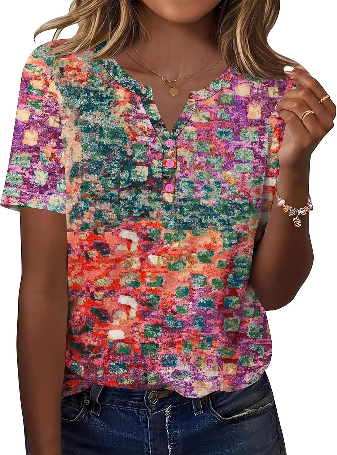 TCOT Women's Tops Dressy Casual Summer Blouses Short Sleeve Button V Neck Spring Tee Shirts