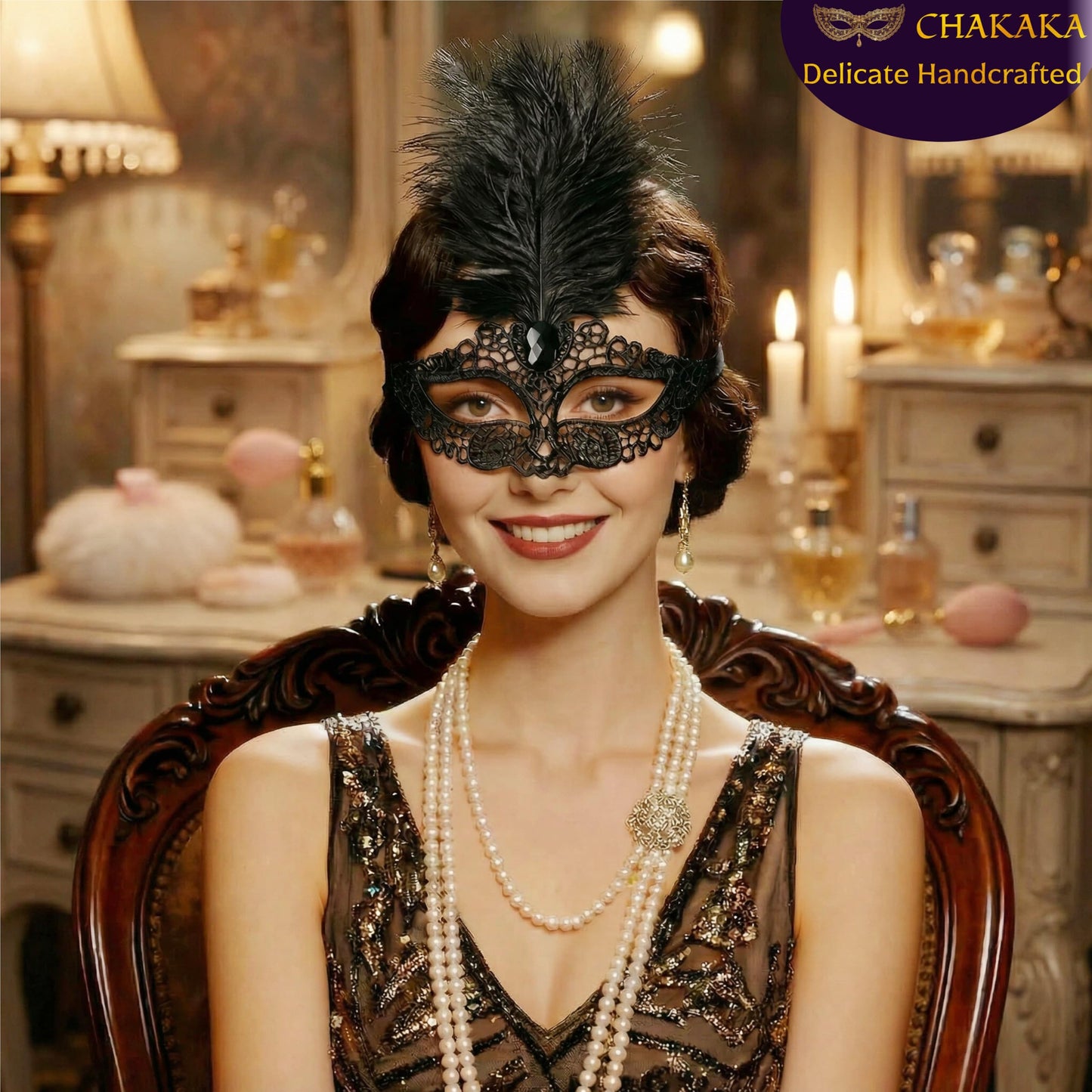 Black Lace Masquerade Mask for Women,1920s Venetian Feather Eye Mask with Gold Rhinestones for Mardi Gras Halloween