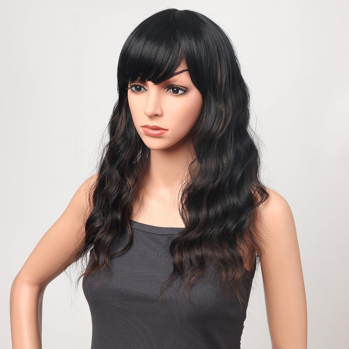 18 Inch Wavy Wig with Bangs – Black With Brown Highlights Heat Resistant Synthetic Hair, Soft Silky & Natural Looking for Women