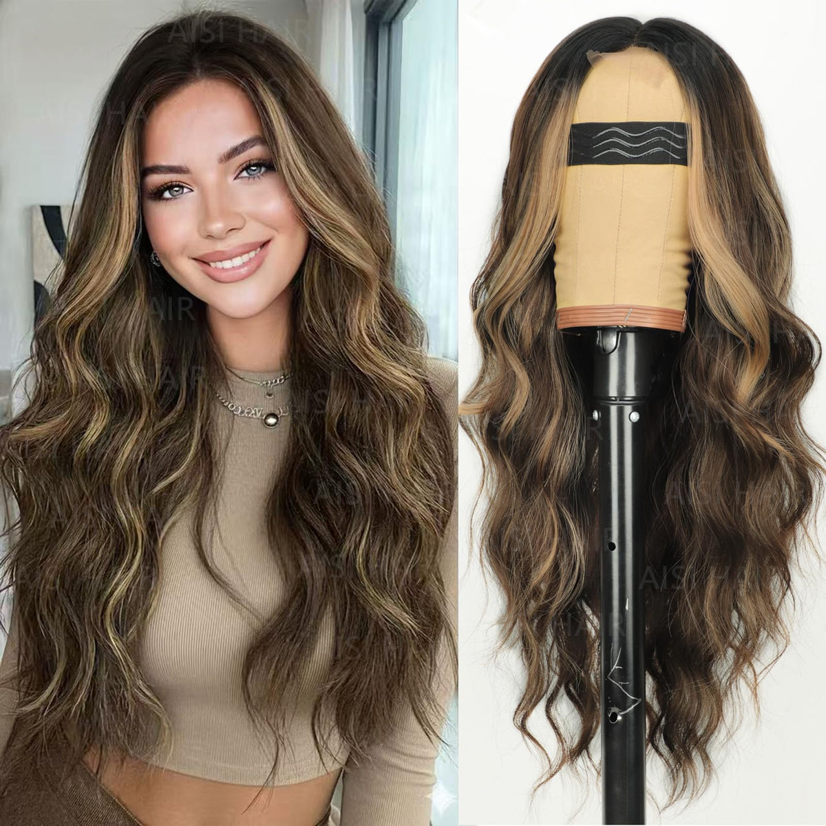 AISI HAIR Black Wig for Women, Long Wavy Lace Hairline Synthetic Wig 26Inch