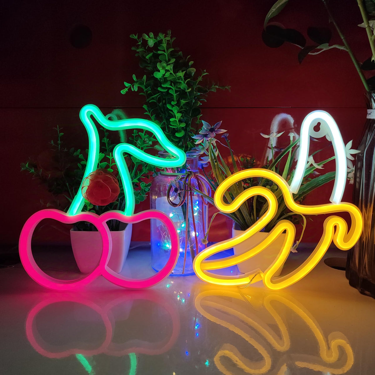 JYWJ Cherry LED Neon Signs Desktop Wall Decoration Light(Green+Pink)