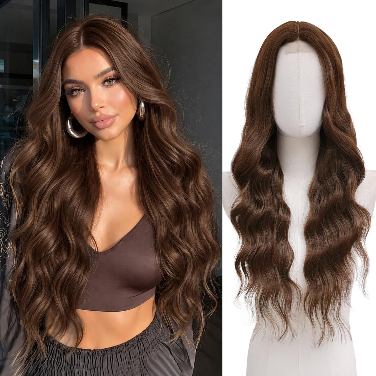 NAYOO 26 Inch Long Wavy Black Wig for Women, Middle Part Natural Looking Synthetic Wig, Heat Resistant Fiber Soft & Lightweight, Realistic Scalp Long Curly Wig for Daily Wear Party Cosplay