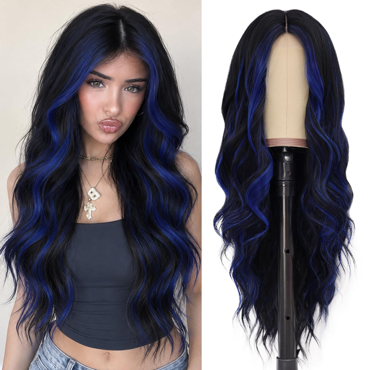 NAYOO Ice Blue Wig for Women, 26 Inch Middle Part Wavy Synthetic Wig