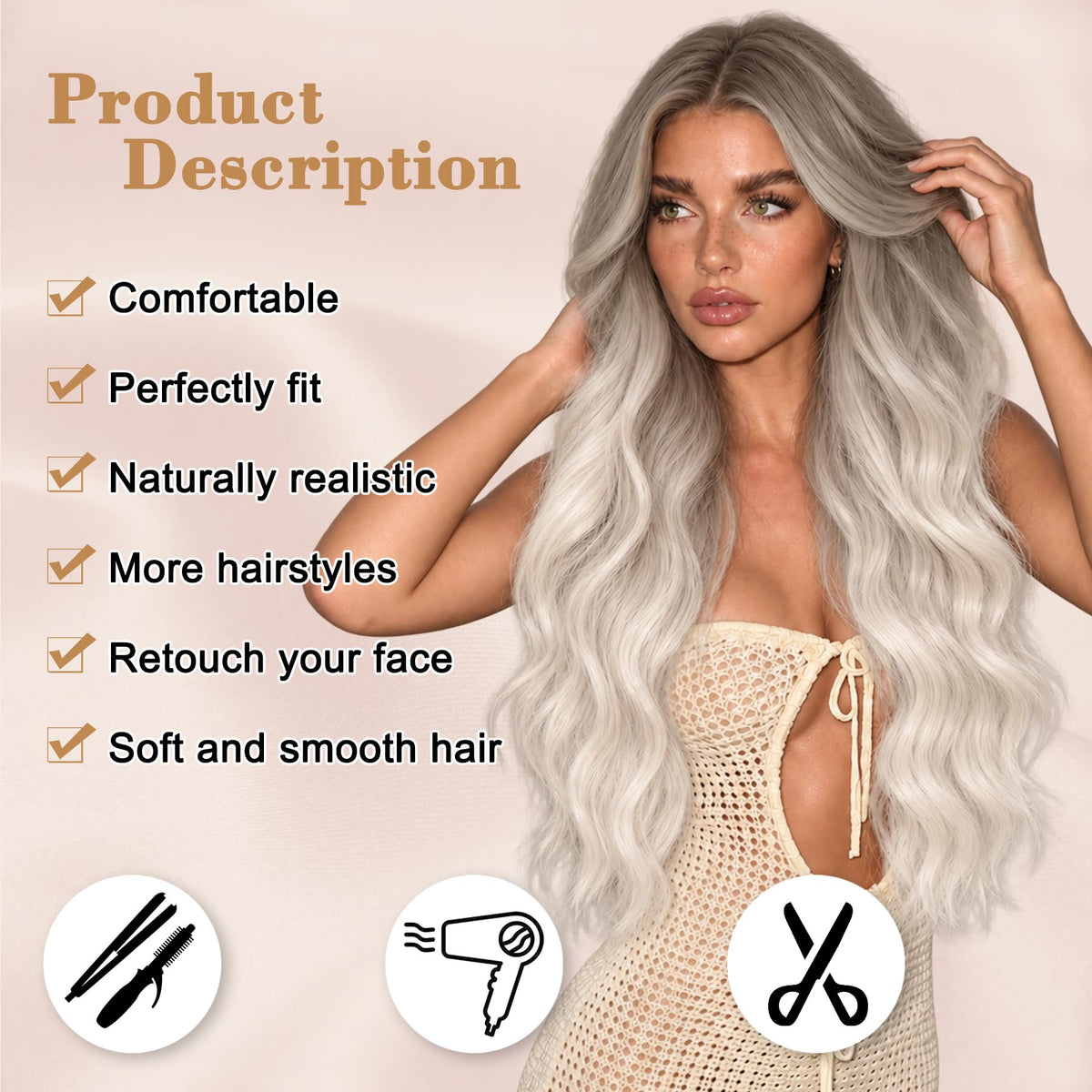 NAYOO Ice Blue Wig for Women, 26 Inch Middle Part Wavy Synthetic Wig
