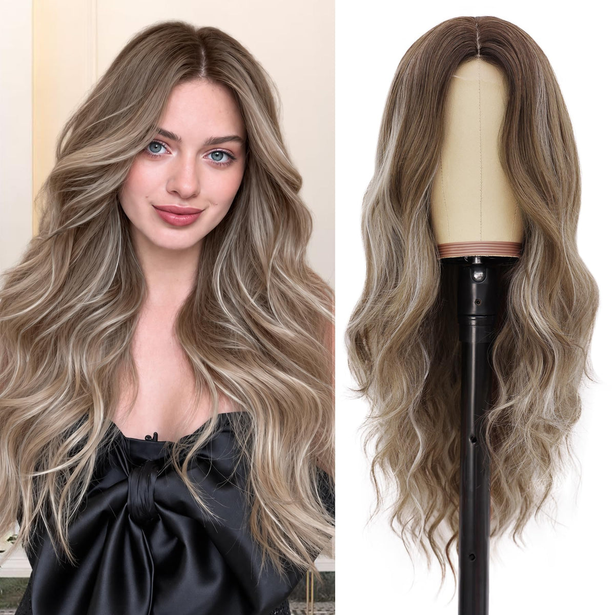 NAYOO Ice Blue Wig for Women, 26 Inch Middle Part Wavy Synthetic Wig