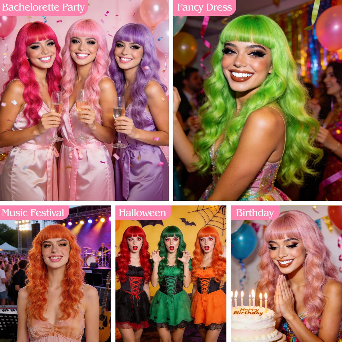 Purple Wig for Women Long Wavy Hair with Heart Sunglasses, Colorful Curly Wigs with Bangs for Birthday Nightclubs Music Festival Photography Funny Bachelorette Mardi Gras Party Supplies