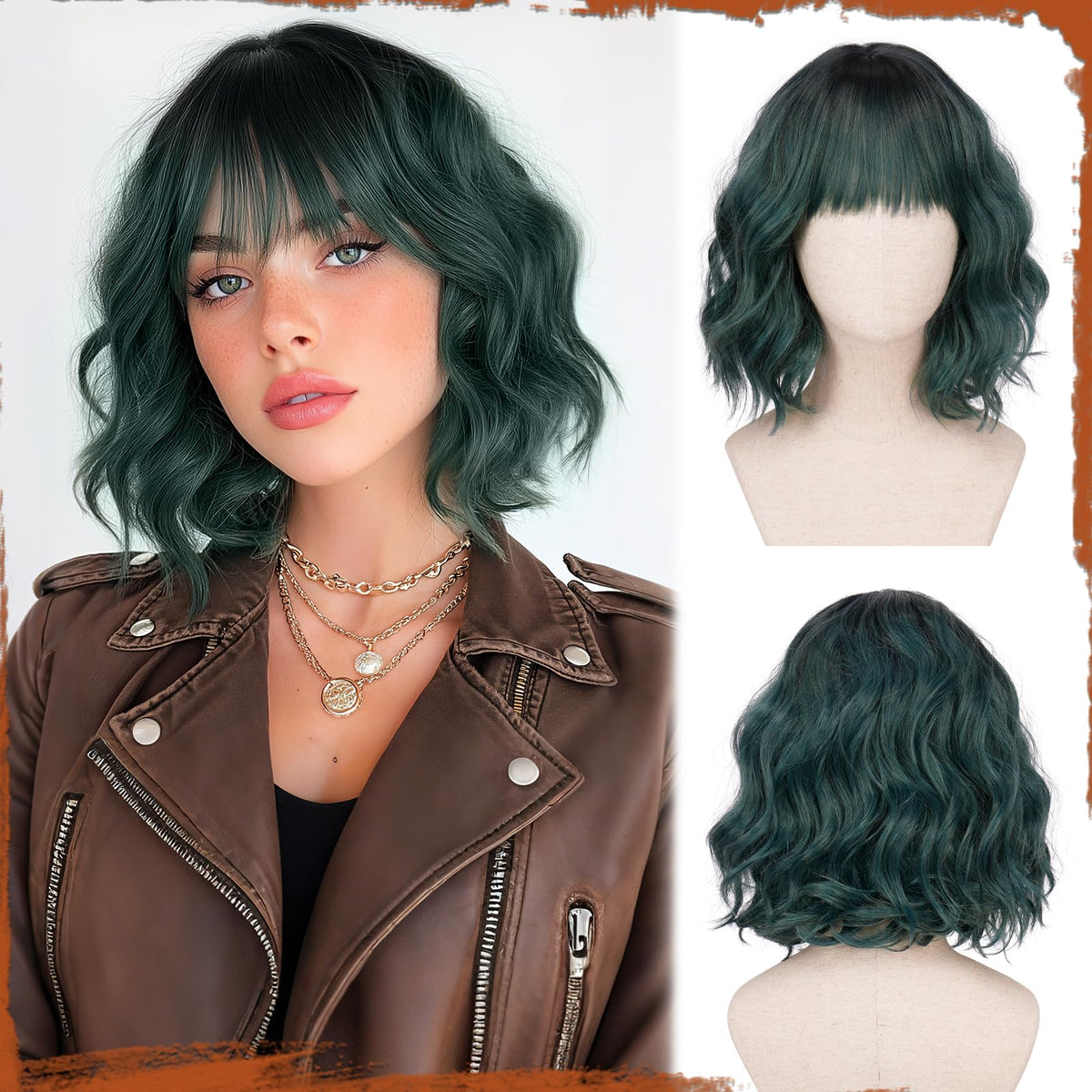 SOFEIYAN Short Wavy Violet Blue Wig - 12 Inch Dark Ginger Bob Wig with Bangs for Women Curly Shoulder Length Bob Wig with Bangs Soft Synthetic Hair Wigs for Girls Daily Party Use