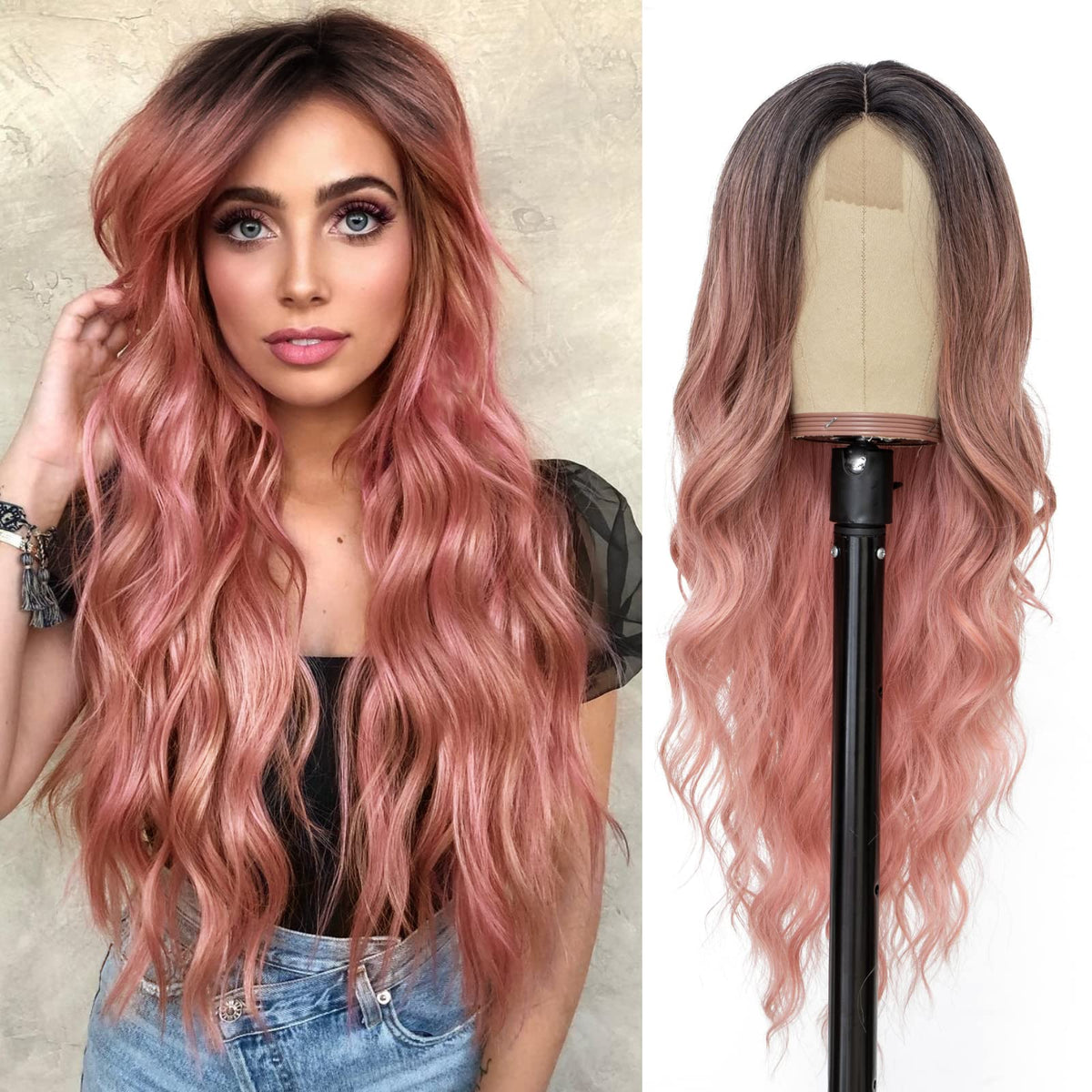 NAYOO Ice Blue Wig for Women, 26 Inch Middle Part Wavy Synthetic Wig