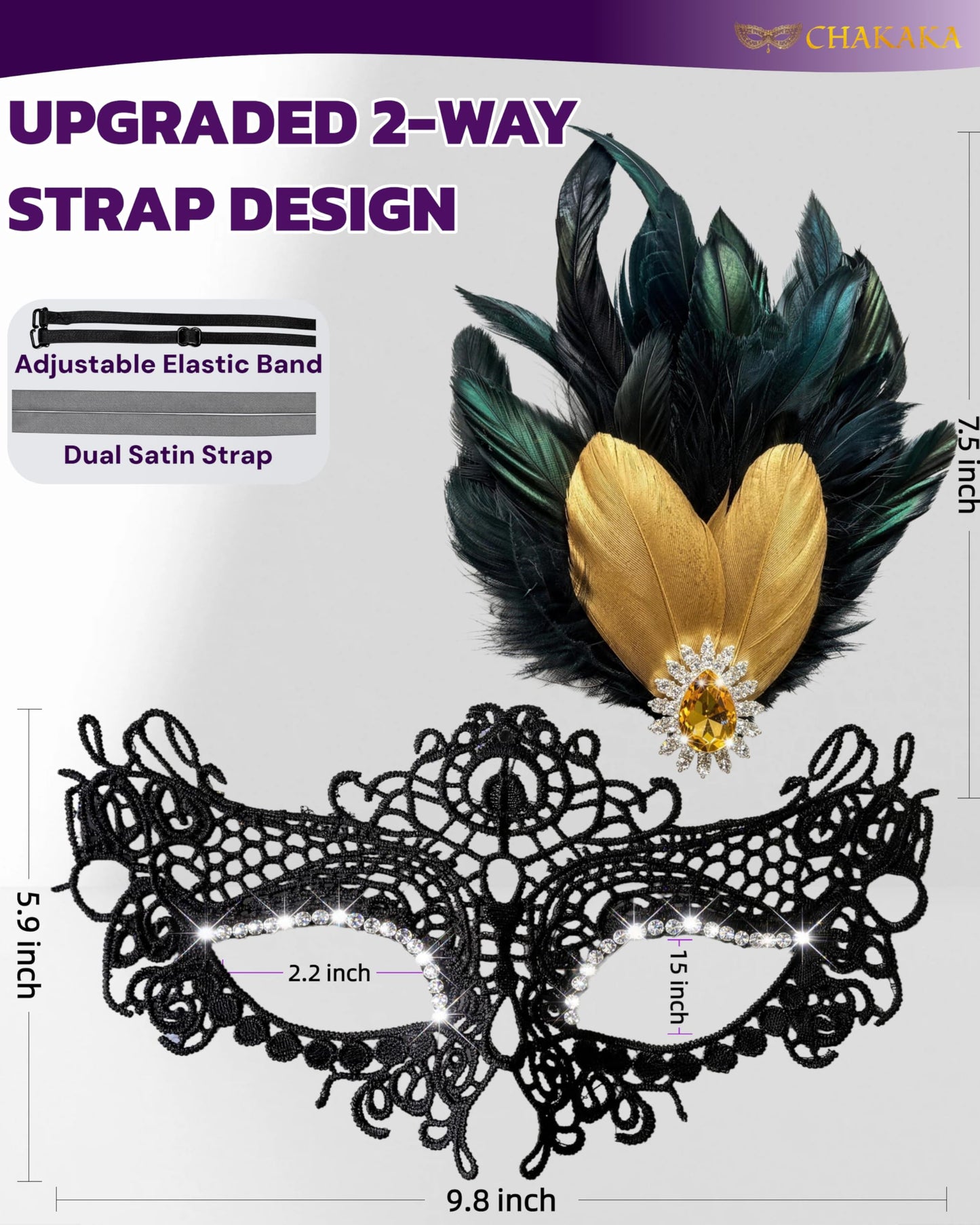 Black Lace Masquerade Mask for Women,1920s Venetian Feather Eye Mask with Gold Rhinestones for Mardi Gras Halloween