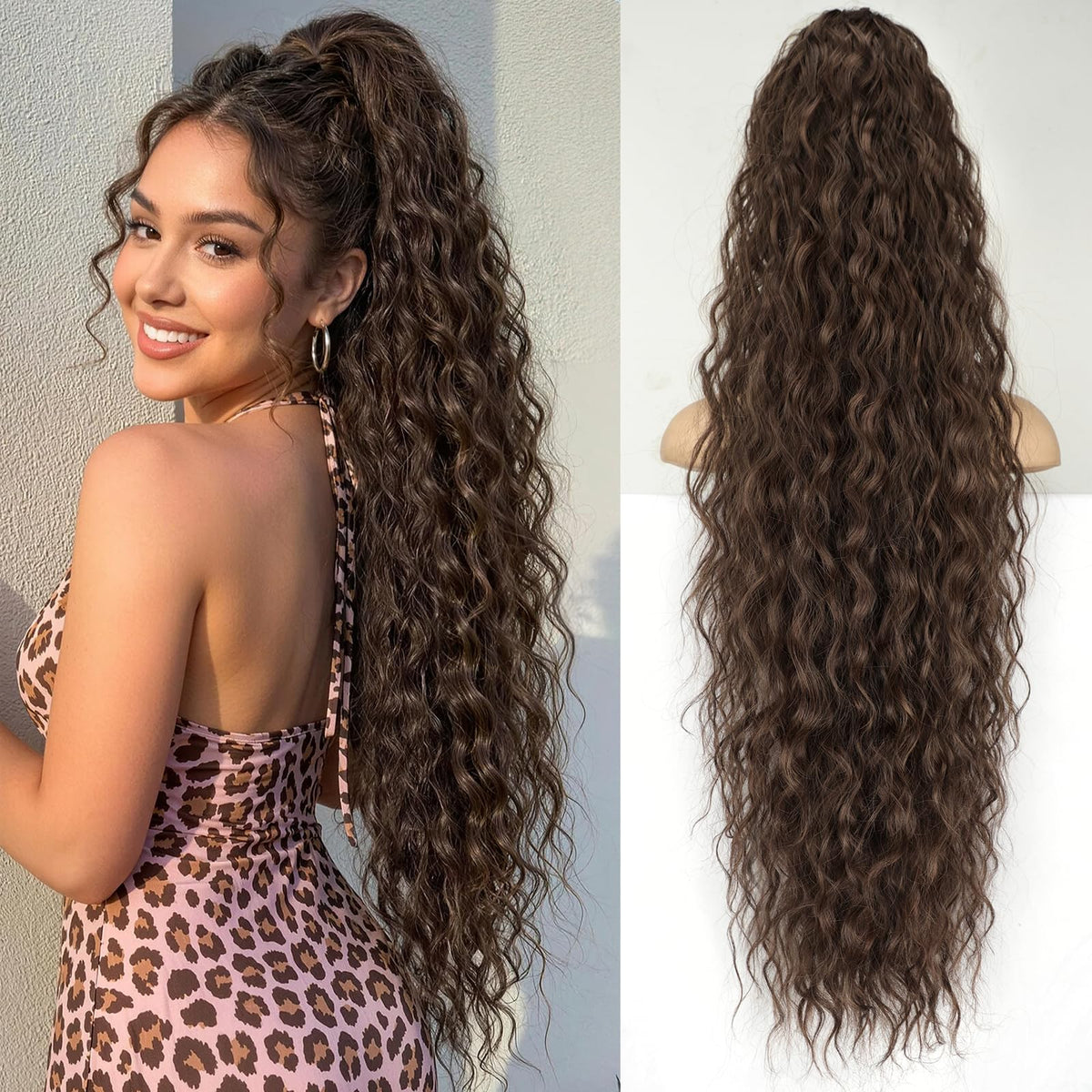 KooKaStyle Long Medium Brown Curly Synthetic Drawstring Ponytail Extension