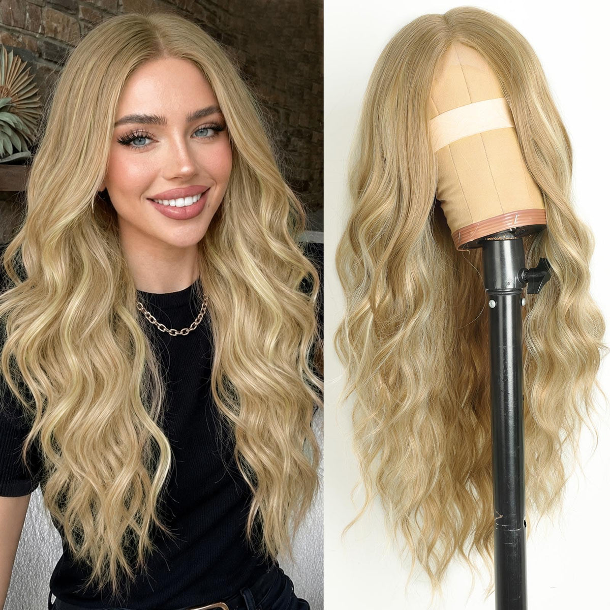 AISI HAIR Black Wig for Women, Long Wavy Lace Hairline Synthetic Wig 26Inch