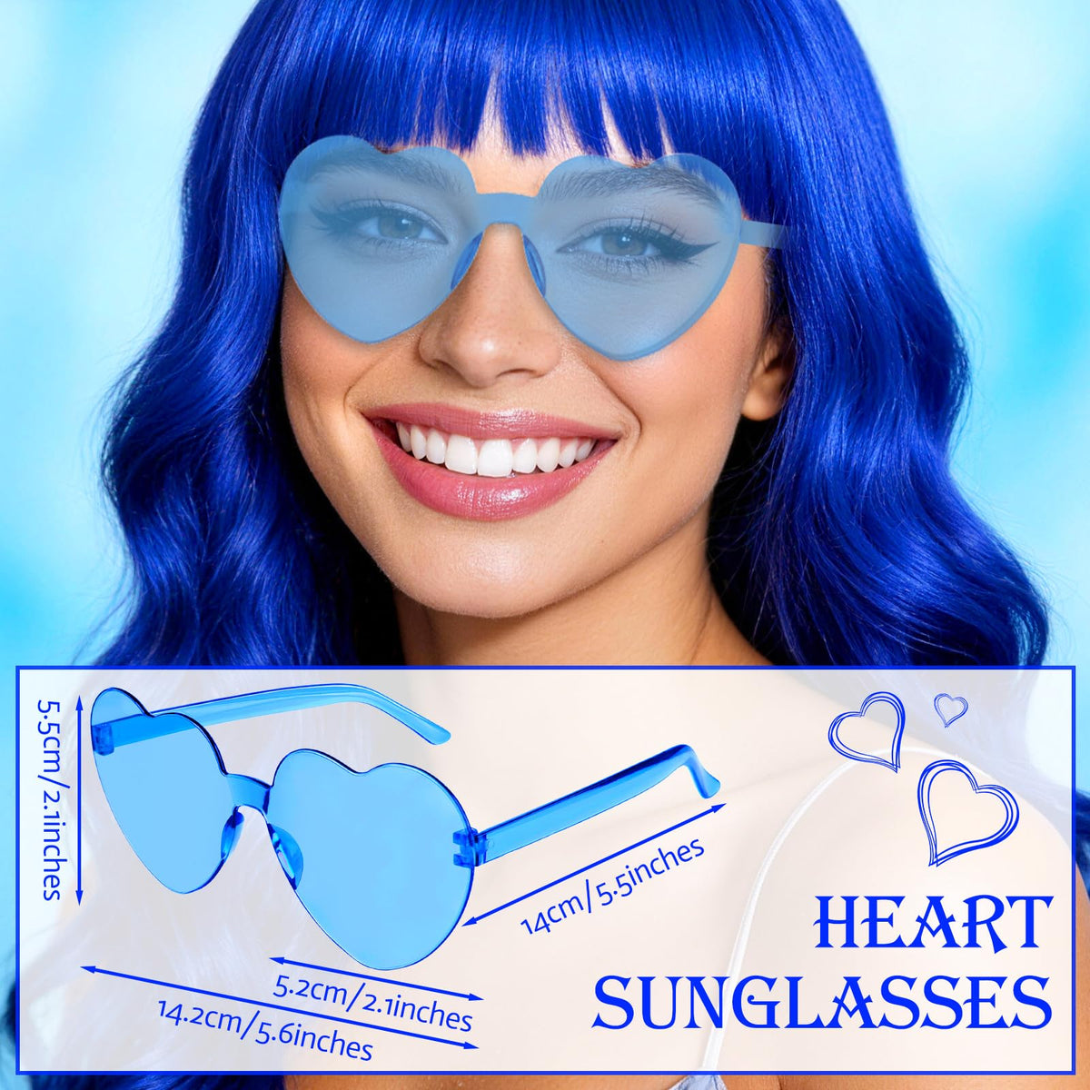 Purple Wig for Women Long Wavy Hair with Heart Sunglasses, Colorful Curly Wigs with Bangs for Birthday Nightclubs Music Festival Photography Funny Bachelorette Mardi Gras Party Supplies