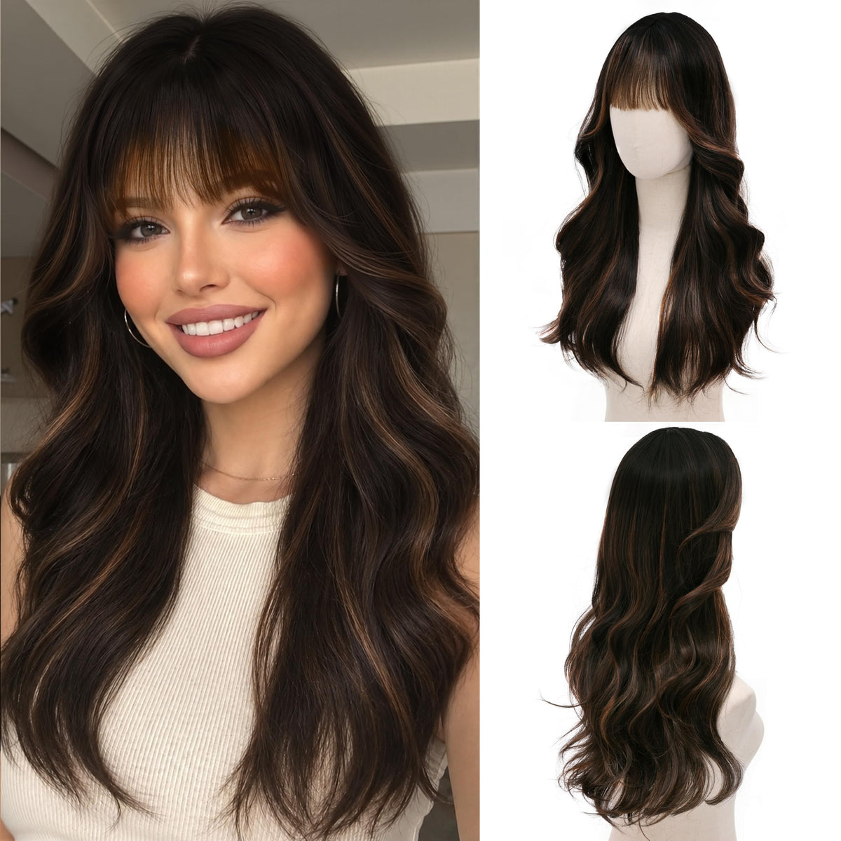 Rooted Honey Wig with Bangs for Women 24 Inch Long Wavy Synthetic Hair