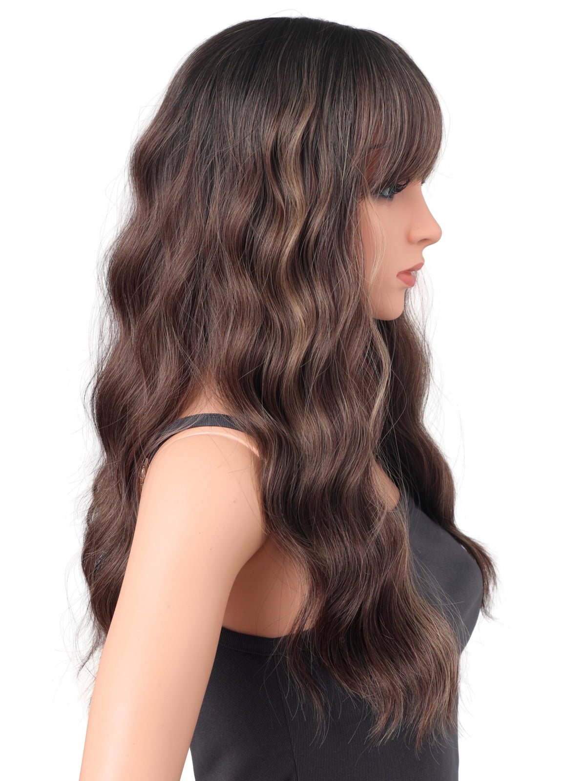 18 Inch Wavy Wig with Bangs – Black With Brown Highlights Heat Resistant Synthetic Hair, Soft Silky & Natural Looking for Women