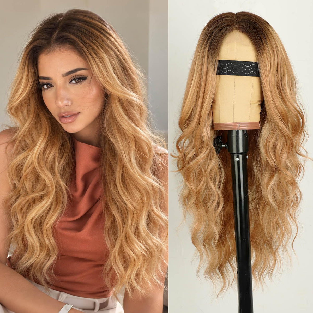 AISI HAIR Black Wig for Women, Long Wavy Lace Hairline Synthetic Wig 26Inch