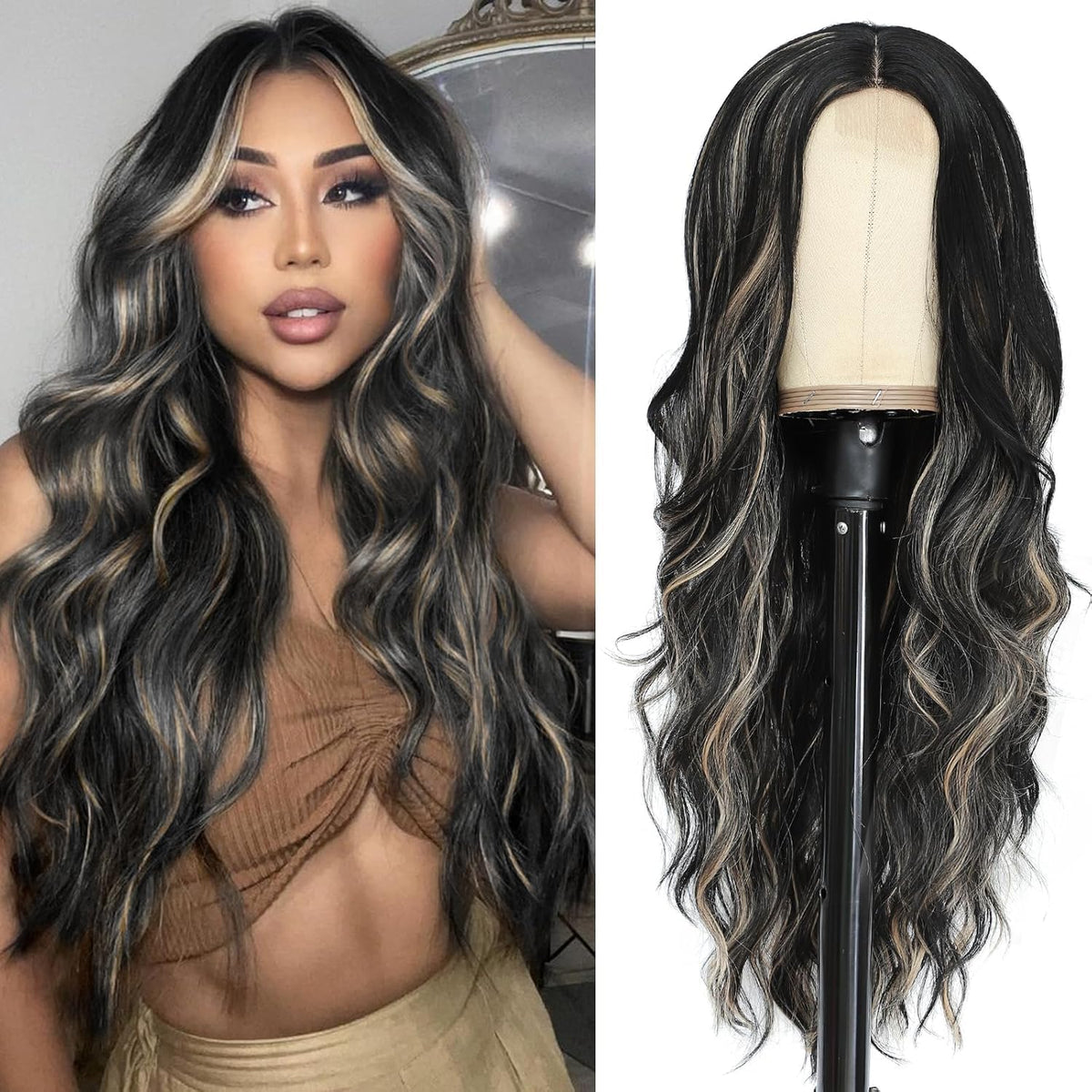 NAYOO Ice Blue Wig for Women, 26 Inch Middle Part Wavy Synthetic Wig