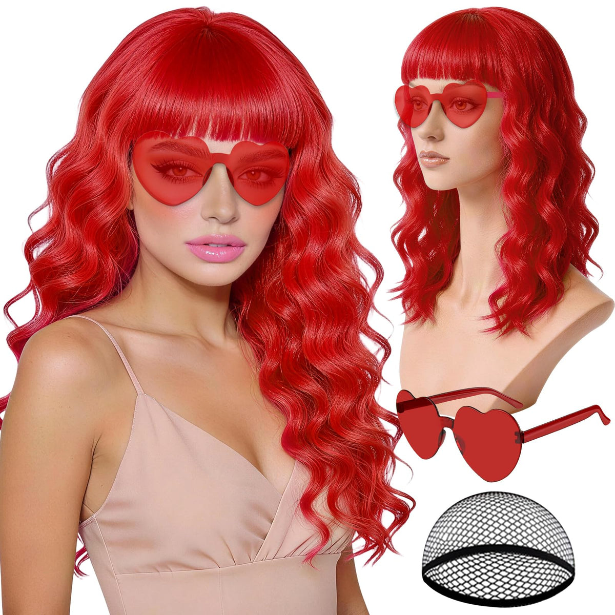 Purple Wig for Women Long Wavy Hair with Heart Sunglasses, Colorful Curly Wigs with Bangs for Birthday Nightclubs Music Festival Photography Funny Bachelorette Mardi Gras Party Supplies