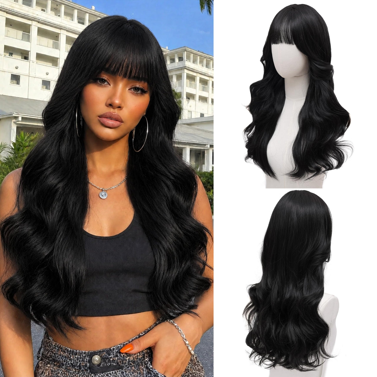 Rooted Honey Wig with Bangs for Women 24 Inch Long Wavy Synthetic Hair