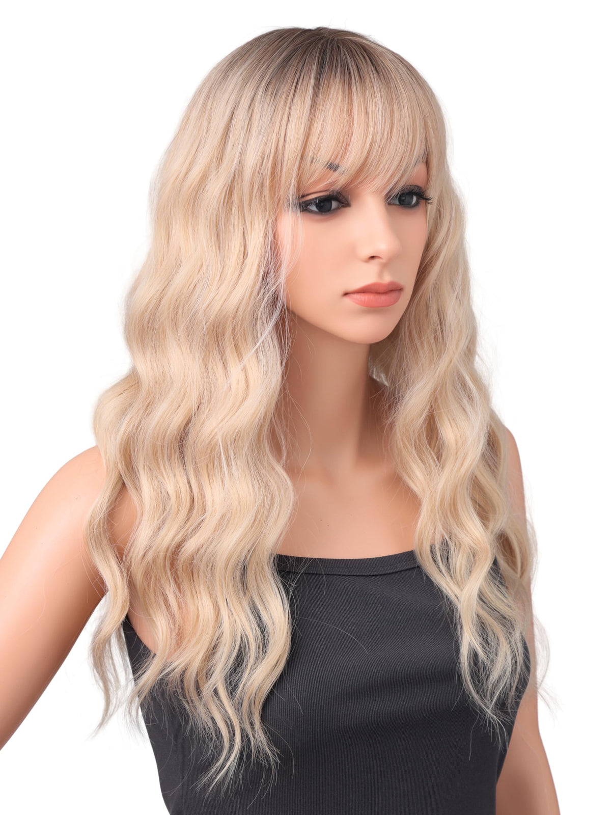 18 Inch Wavy Wig with Bangs – Black With Brown Highlights Heat Resistant Synthetic Hair, Soft Silky & Natural Looking for Women