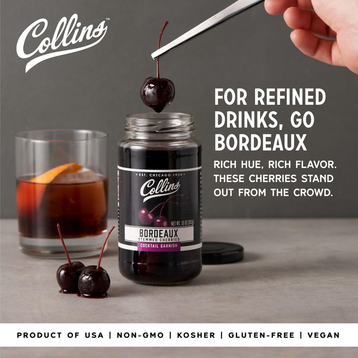 Collins Bourbon Cocktail Cherries - Drinks Garnish for Manhattan or Old Fashioned Cocktails and Desserts, Made with Award Winning Whiskey, 11 Ounce Glass Jar
