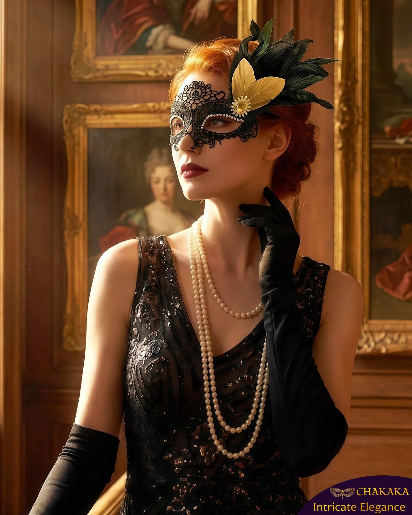 Black Lace Masquerade Mask for Women,1920s Venetian Feather Eye Mask with Gold Rhinestones for Mardi Gras Halloween