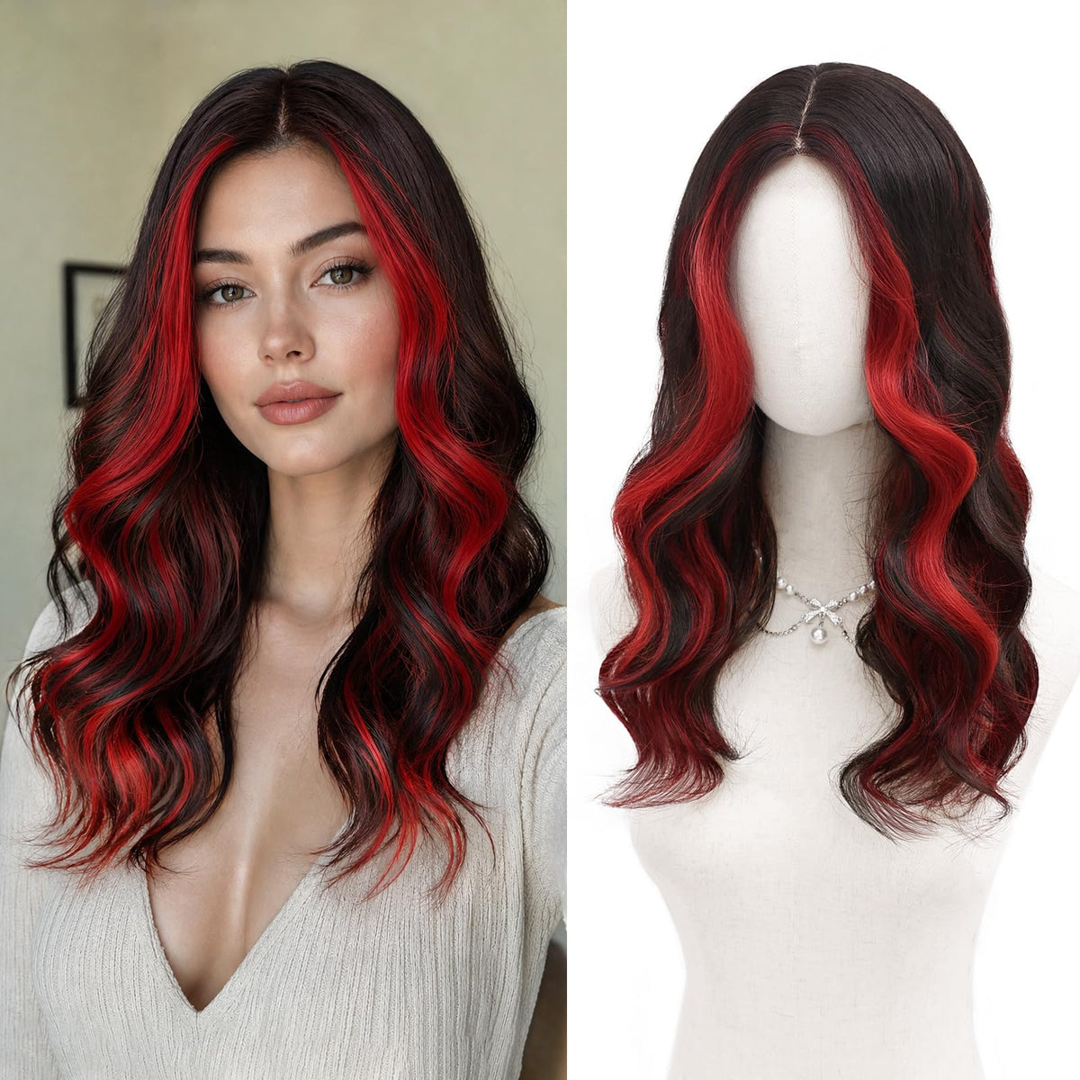 MORICA Ombre Dark Green Wigs for Women, 18 Inch Wavy Middle Part Wig