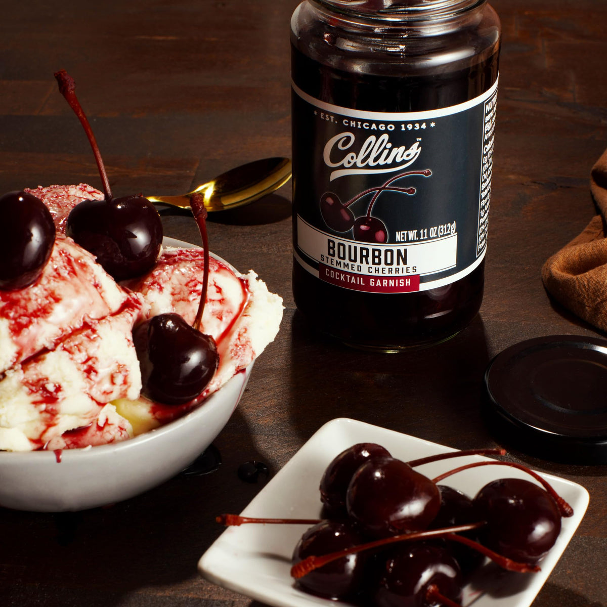 Collins Bourbon Cocktail Cherries - Drinks Garnish for Manhattan or Old Fashioned Cocktails and Desserts, Made with Award Winning Whiskey, 11 Ounce Glass Jar
