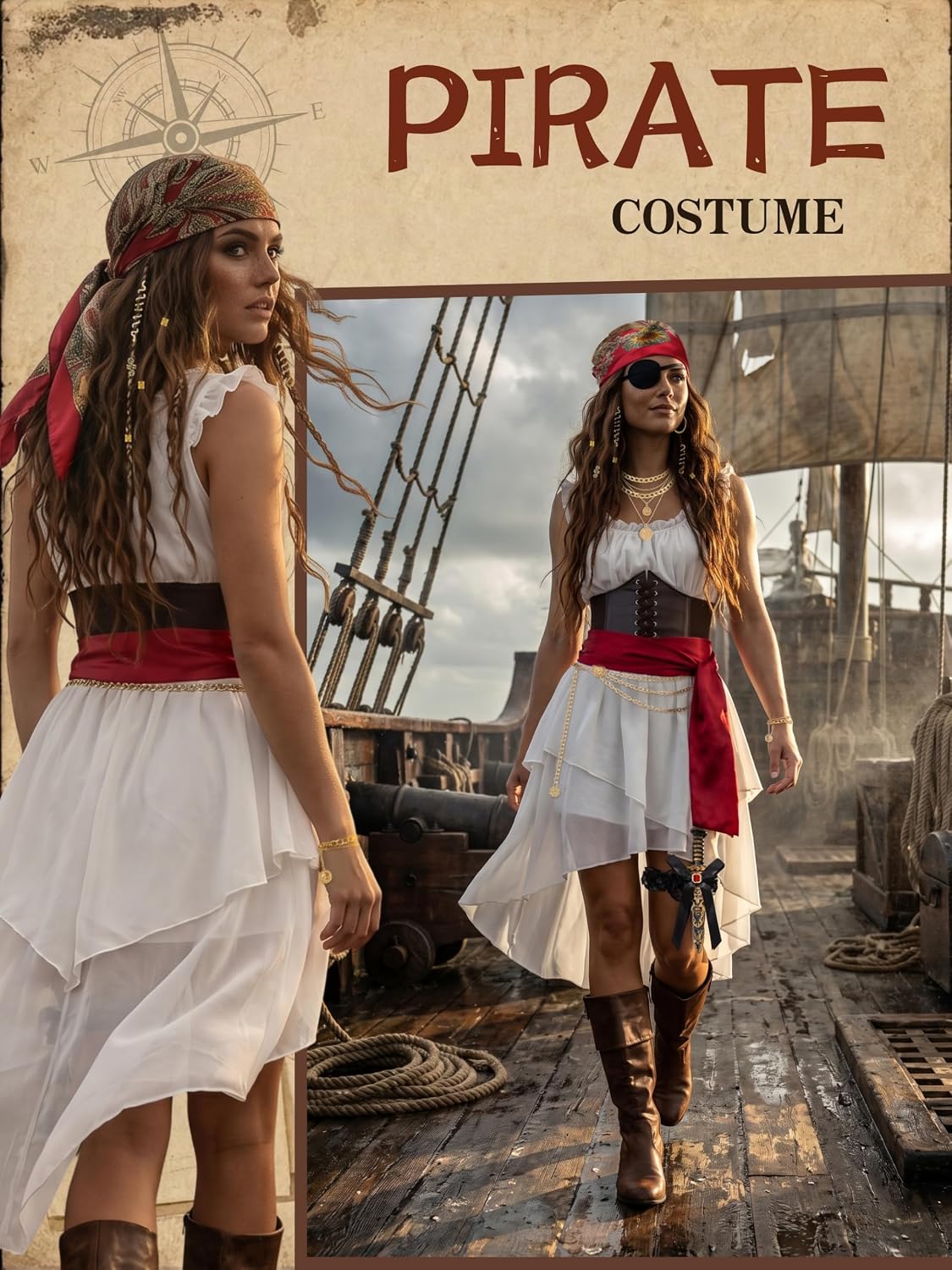 Women's Pirate Costume 10 Pcs Renaissance Halloween Ren Faire LARP Outfit