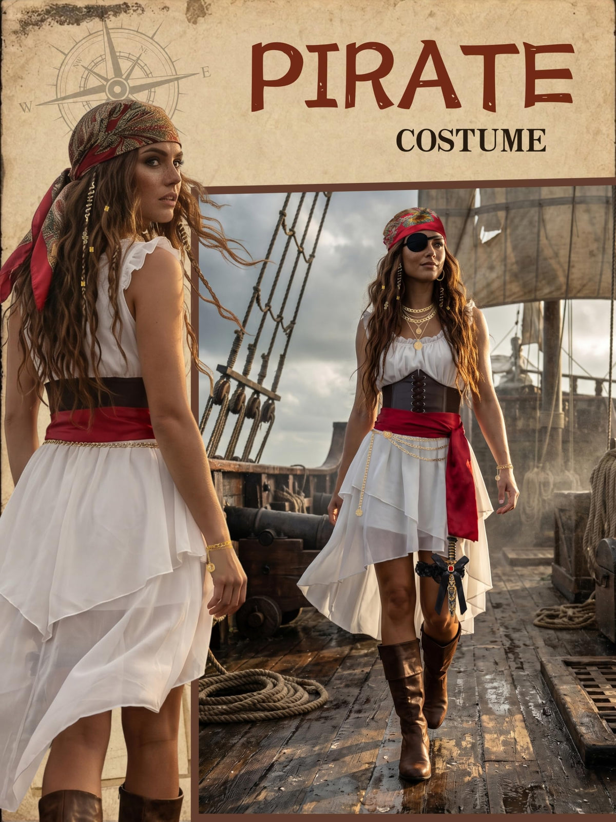Women's Pirate Costume 10 Pcs Renaissance Halloween Ren Faire LARP Outfit