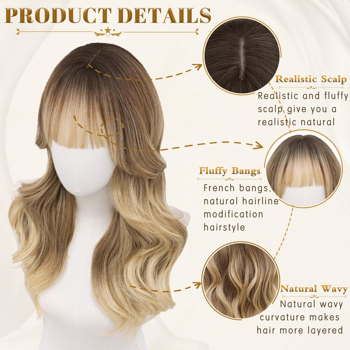 Rooted Honey Wig with Bangs for Women 24 Inch Long Wavy Synthetic Hair