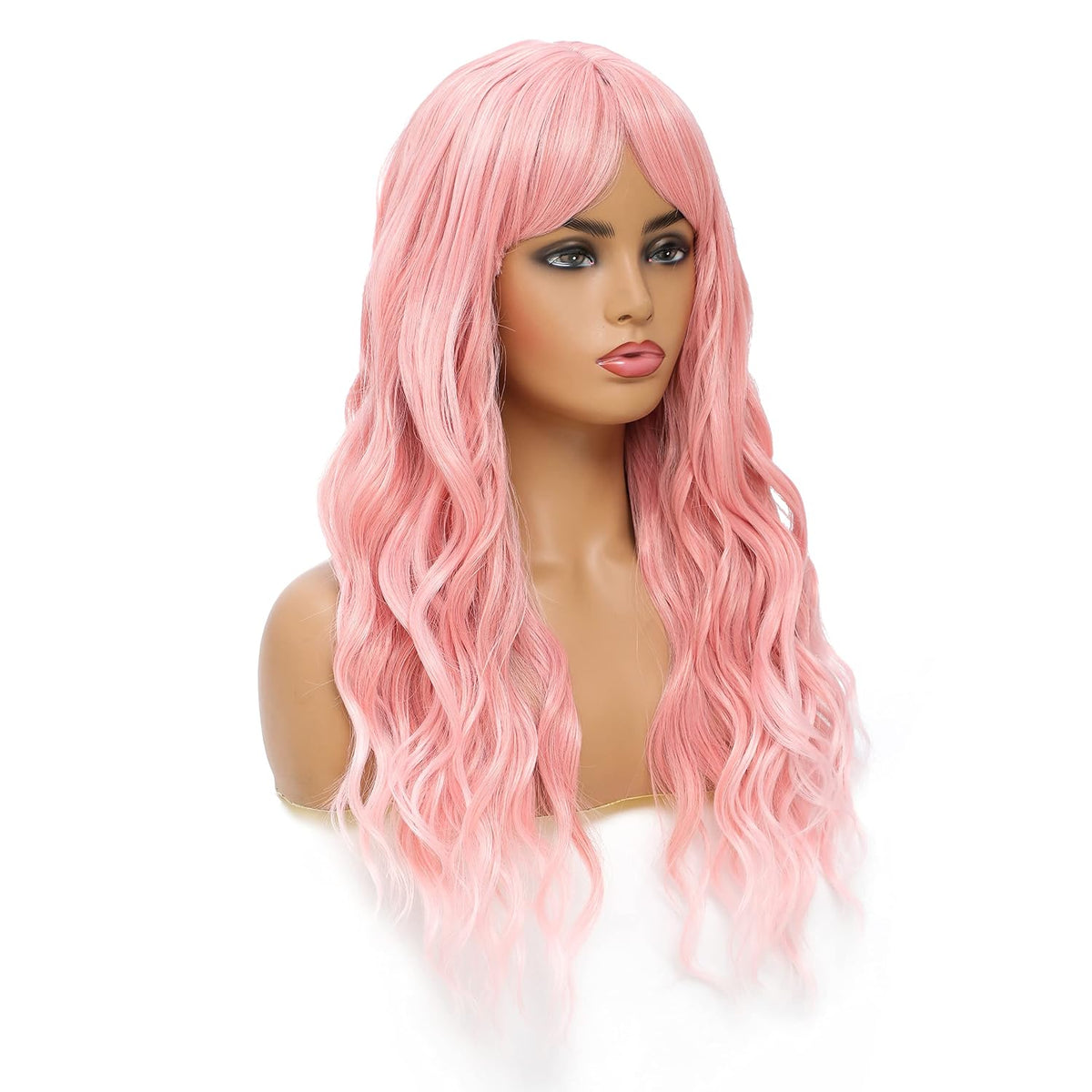 SWACC Long Curly Wavy Wig with Bangs Synthetic Hair Wig for Women with Wig Cap (Pink Ombre)