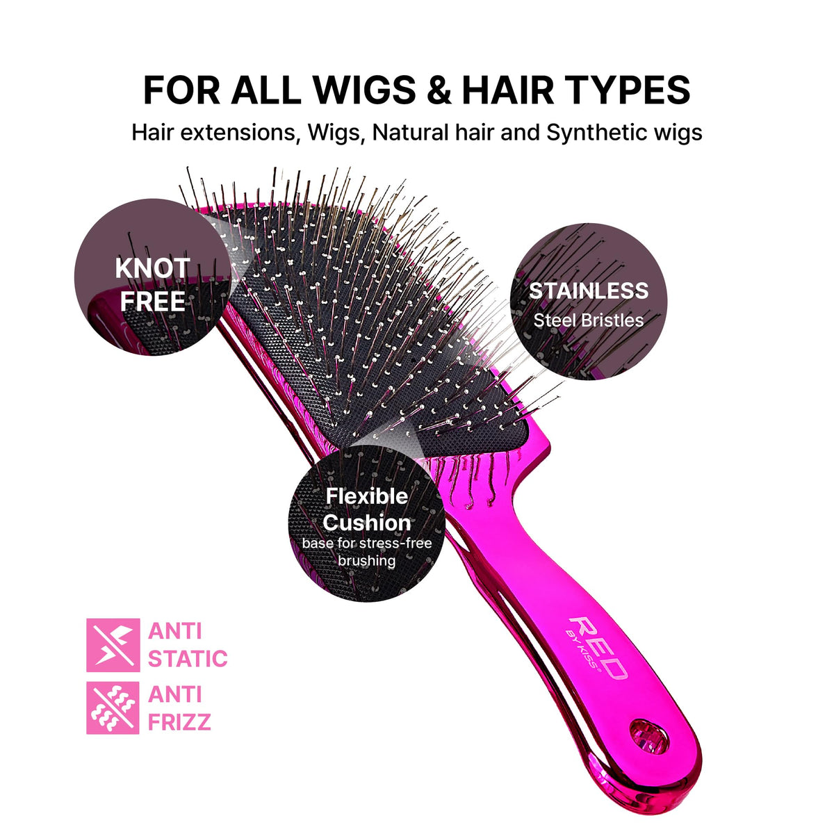 RED by Kiss Anti-Static & Anti-Frizz Wig Brush with Stainless Steel Knot-Free Bristles for Easy Detangling, Smooth Hair & Wigs Without Breakage or Snagging (Mini)