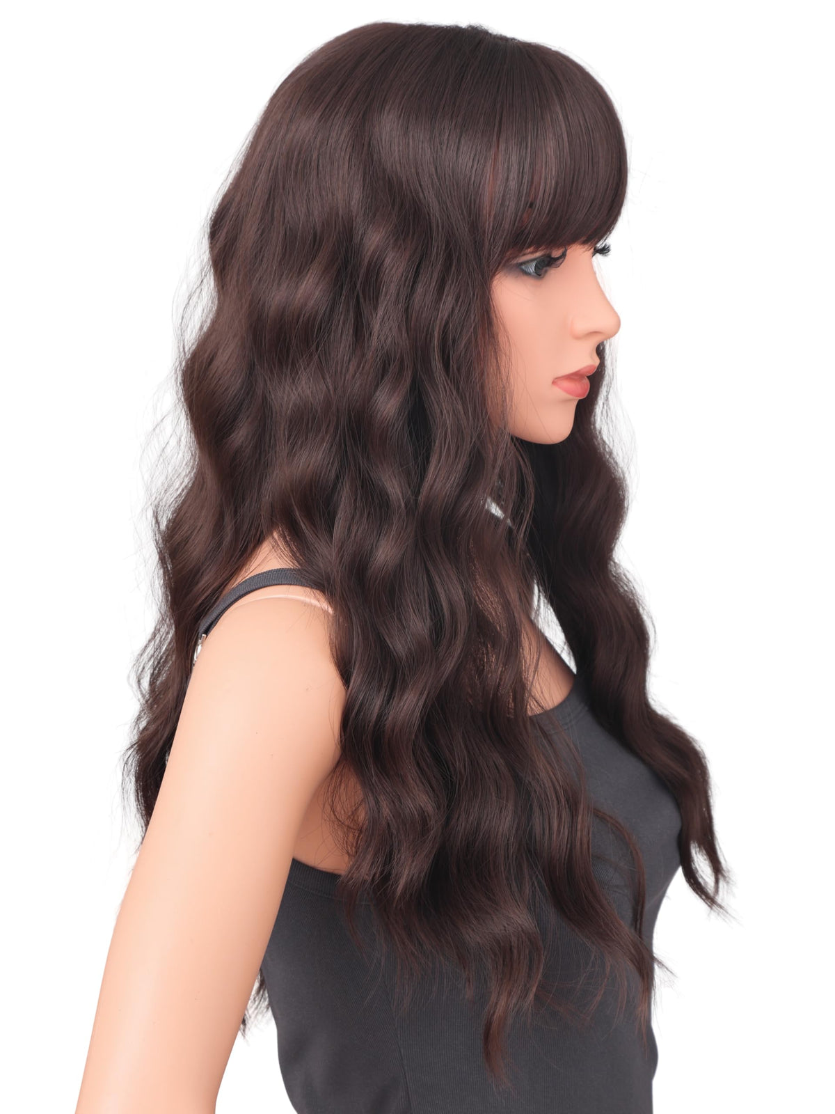 18 Inch Wavy Wig with Bangs – Black With Brown Highlights Heat Resistant Synthetic Hair, Soft Silky & Natural Looking for Women