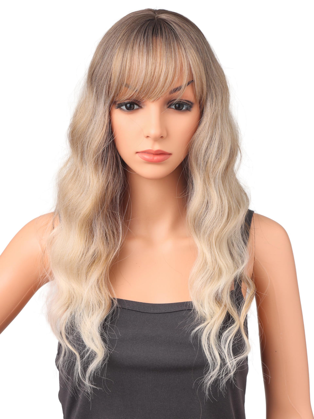 18 Inch Wavy Wig with Bangs – Black With Brown Highlights Heat Resistant Synthetic Hair, Soft Silky & Natural Looking for Women