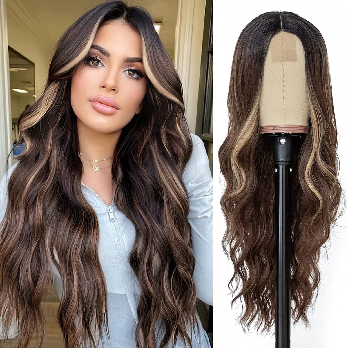 NAYOO 26 Inch Long Wavy Black Wig for Women, Middle Part Natural Looking Synthetic Wig, Heat Resistant Fiber Soft & Lightweight, Realistic Scalp Long Curly Wig for Daily Wear Party Cosplay