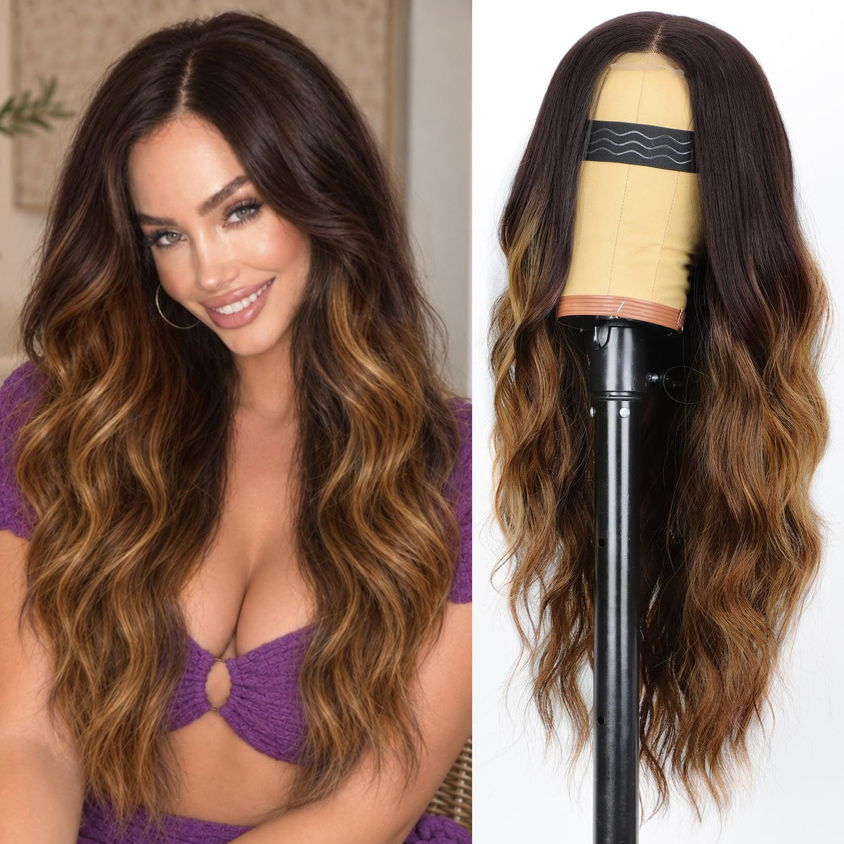 AISI HAIR Black Wig for Women, Long Wavy Lace Hairline Synthetic Wig 26Inch