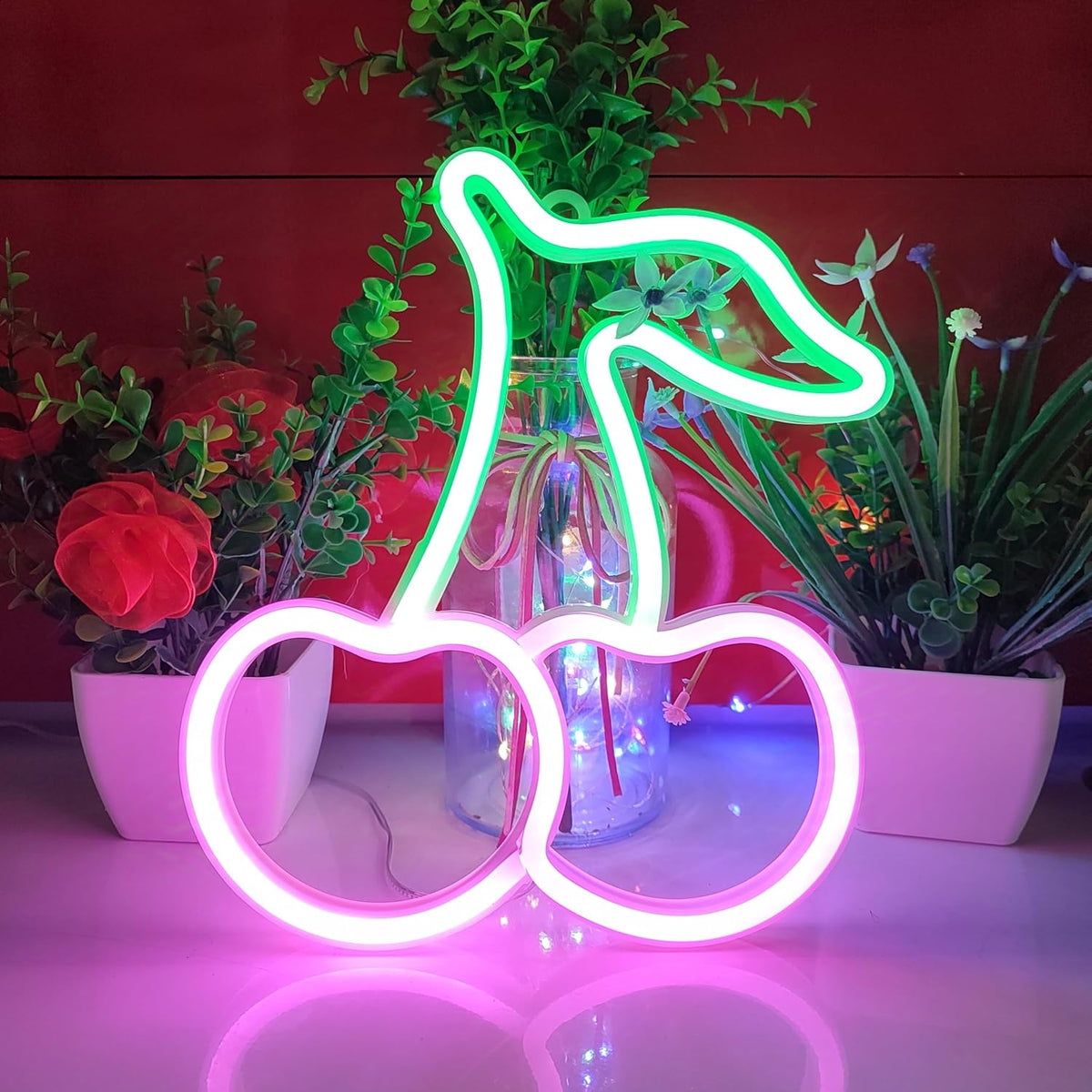 JYWJ Cherry LED Neon Signs Desktop Wall Decoration Light(Green+Pink)