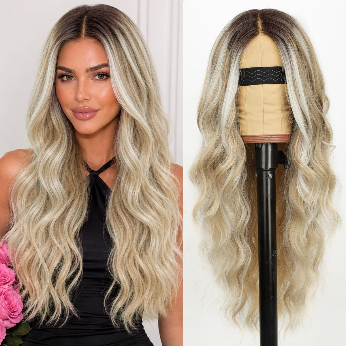 AISI HAIR Black Wig for Women, Long Wavy Lace Hairline Synthetic Wig 26Inch