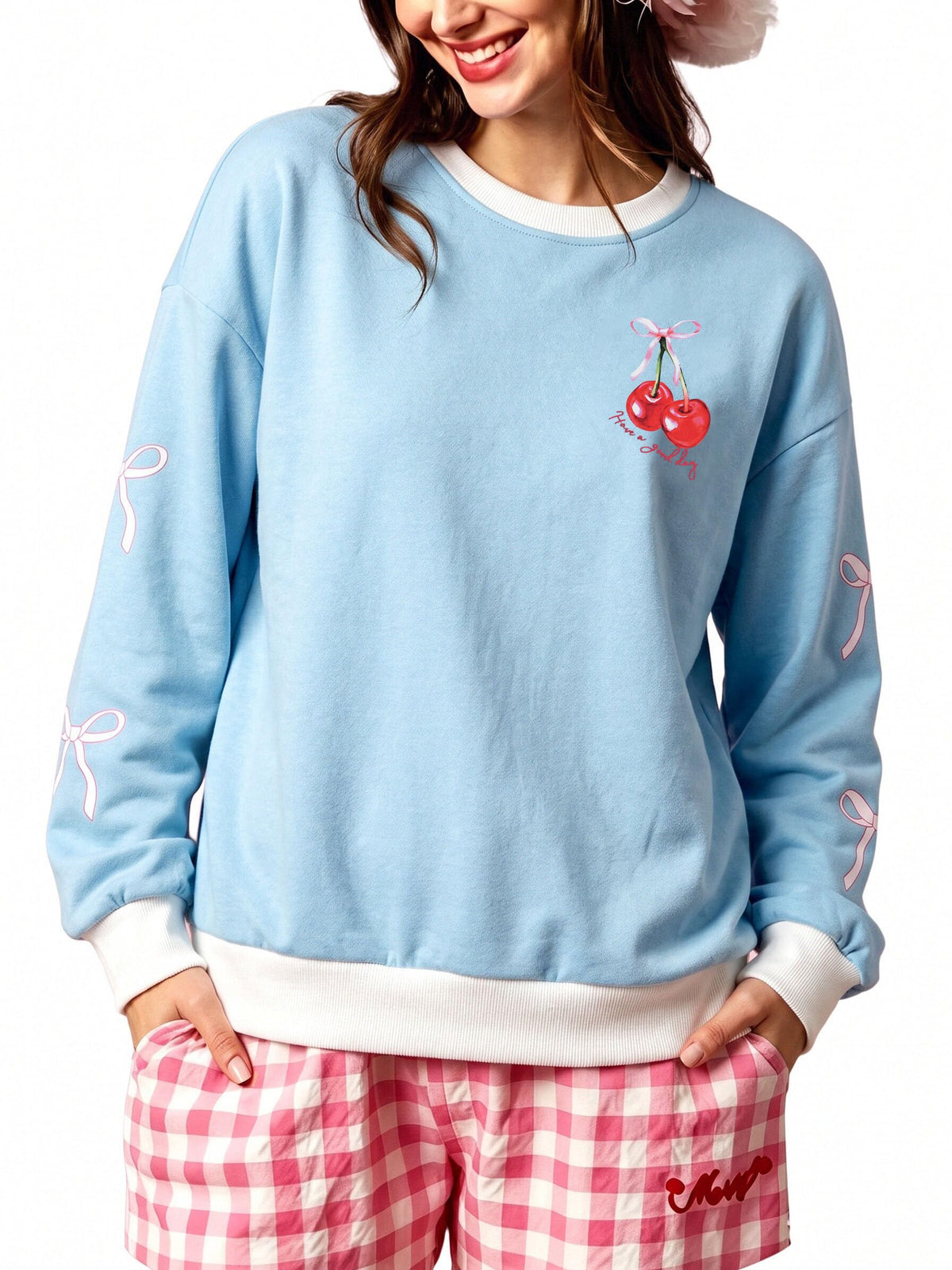 Women's Cherry Bow Graphic Sweatshirt Long Sleeve Crewneck Pullover Tops