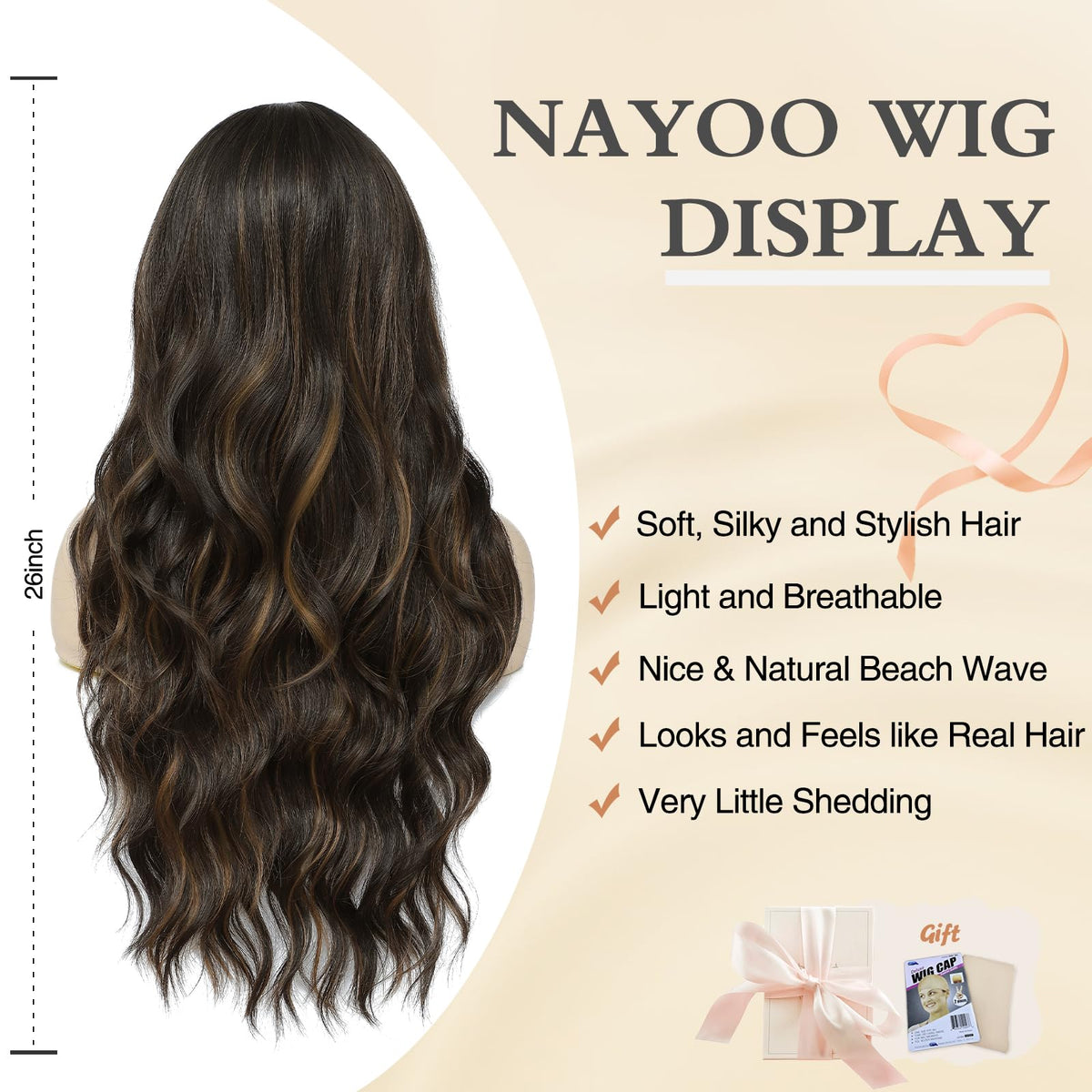 NAYOO 26 Inch Long Wavy Black Wig for Women, Middle Part Natural Looking Synthetic Wig, Heat Resistant Fiber Soft & Lightweight, Realistic Scalp Long Curly Wig for Daily Wear Party Cosplay