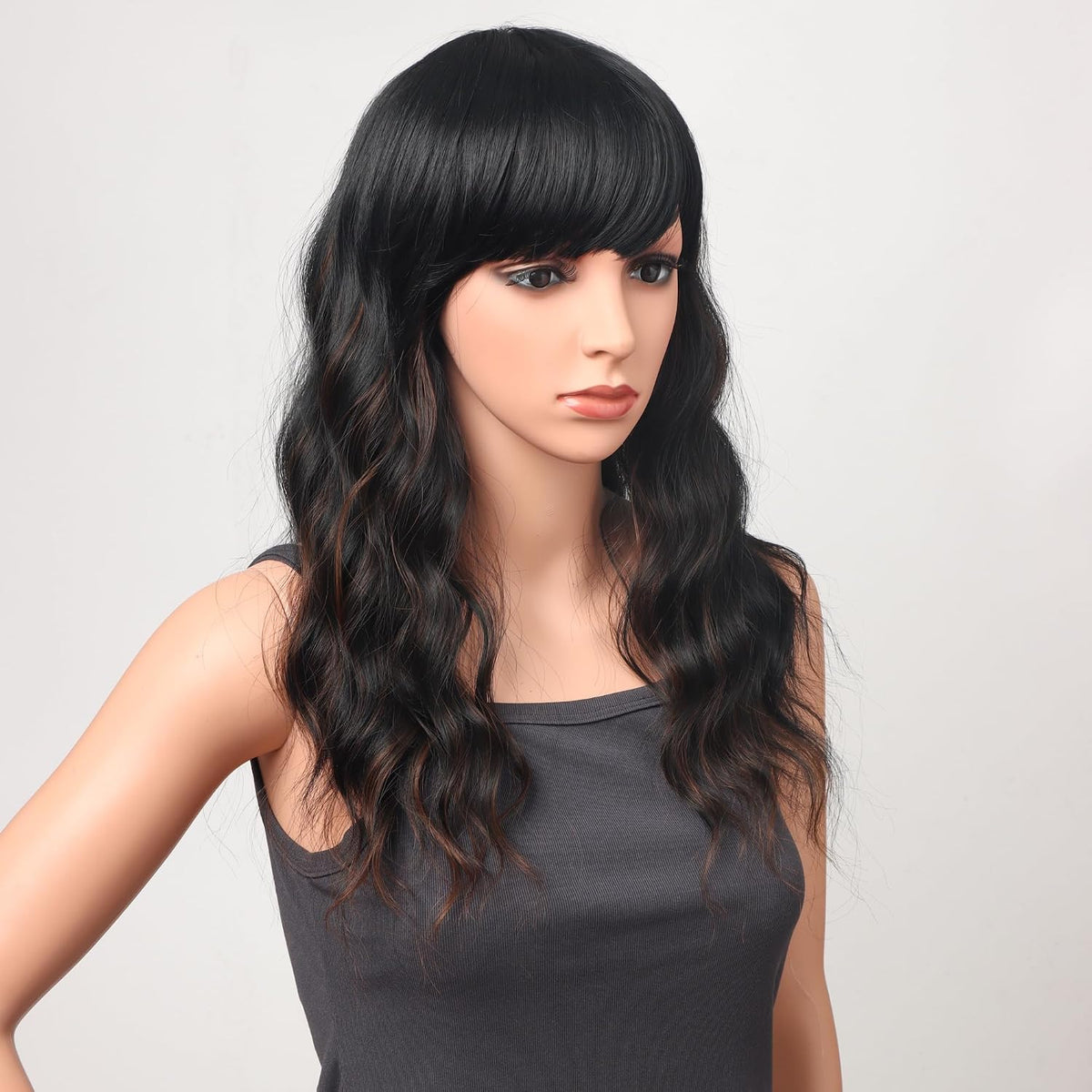 18 Inch Wavy Wig with Bangs – Black With Brown Highlights Heat Resistant Synthetic Hair, Soft Silky & Natural Looking for Women