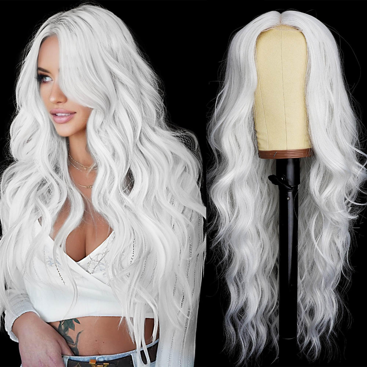AISI HAIR Black Wig for Women, Long Wavy Lace Hairline Synthetic Wig 26Inch