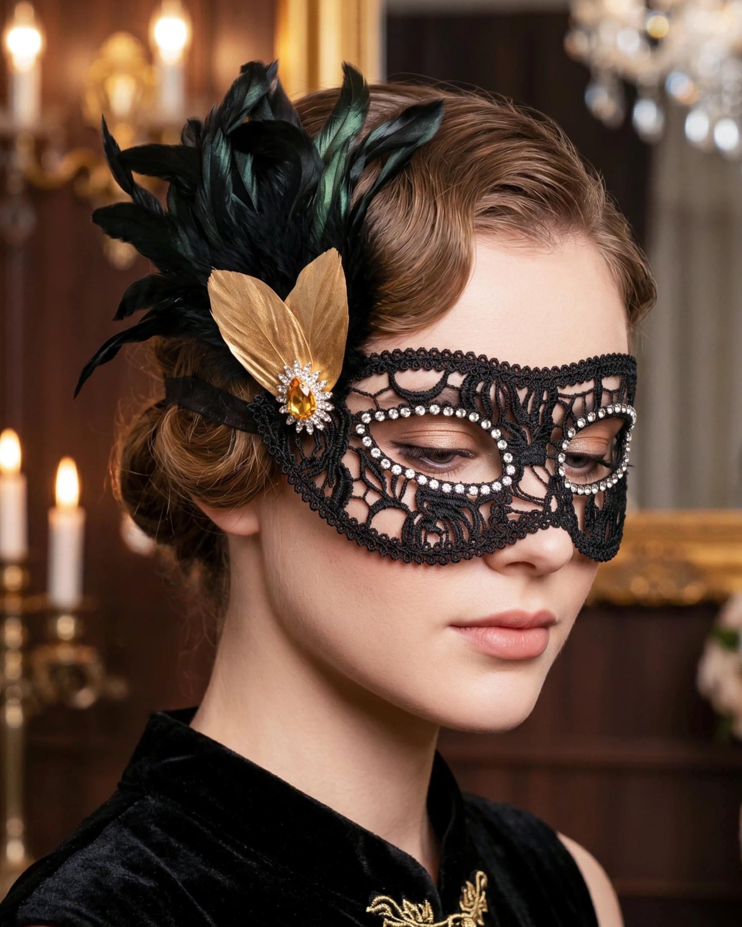 Black Lace Masquerade Mask for Women,1920s Venetian Feather Eye Mask with Gold Rhinestones for Mardi Gras Halloween